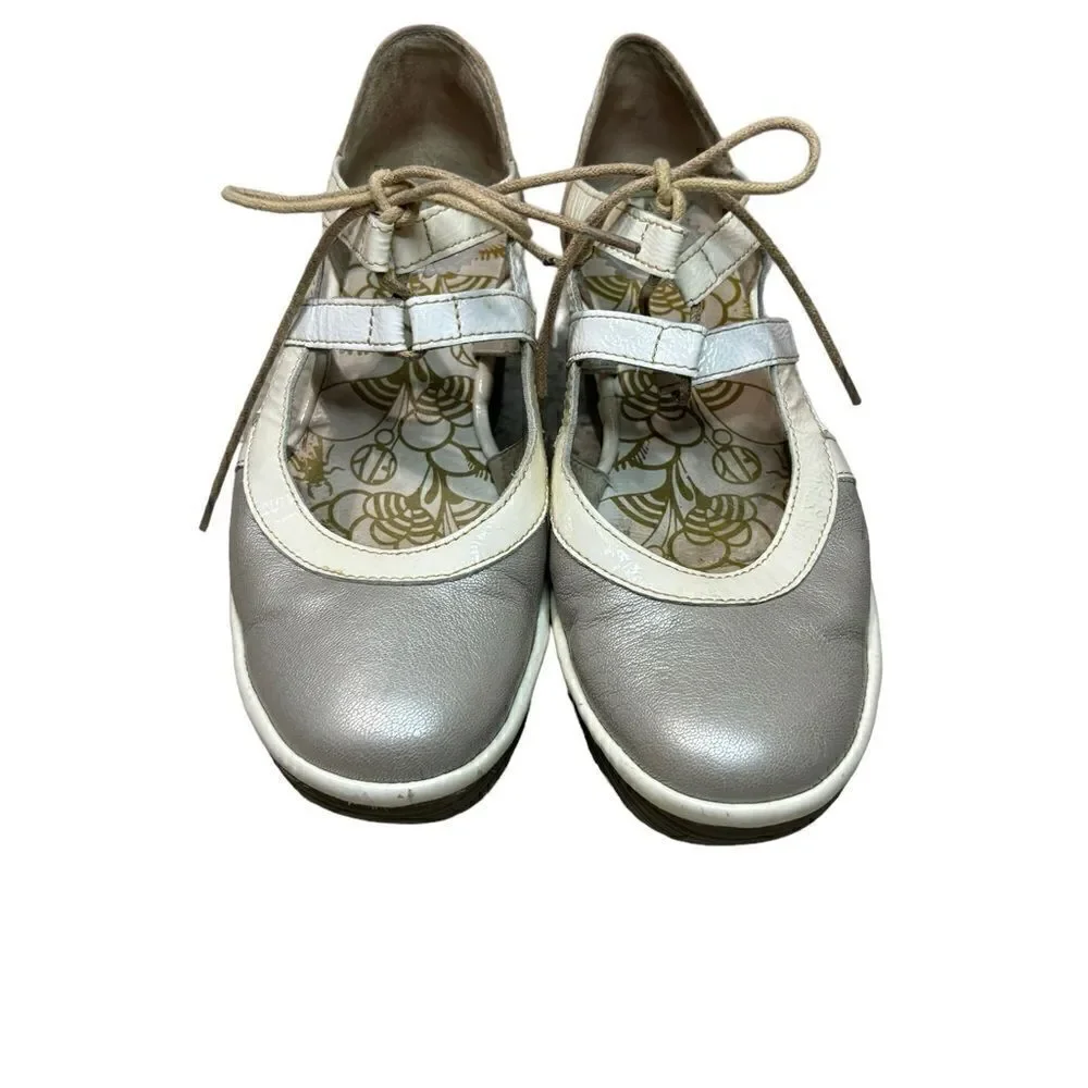 Fly London Yett Platform Heels Womens 8 Silver White Leather Chunky Wedge Shoes